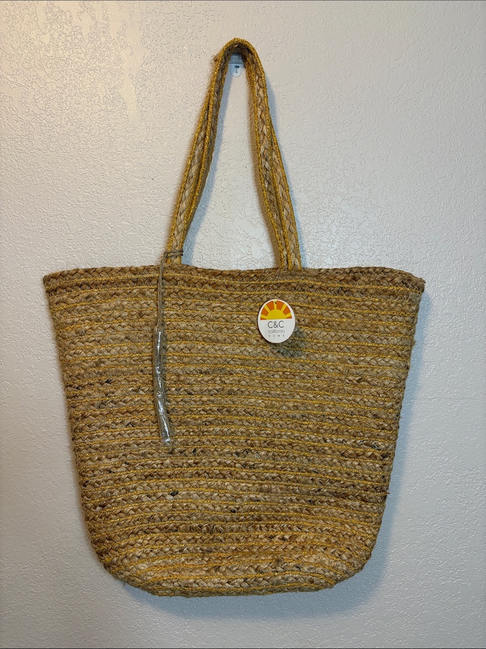 NWT C&C California Home. Woven Large Jute Tote Bag. Bronze metallic and natural